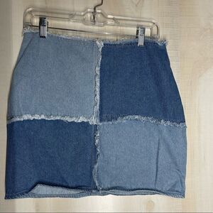 Blue blush‎ denim jean patchwork mini skirt, size Large